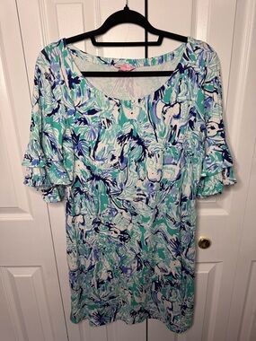 Lilly Pulitzer Jodee Swing Dress Blue Green Elephant Print Tiered Sleeve Sz XL